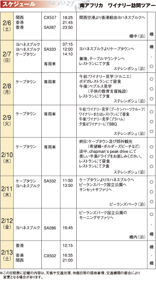 2月6日（土）～2月13日（土）
南アフリカ　ワイナリー訪問ツアー
スケジュール